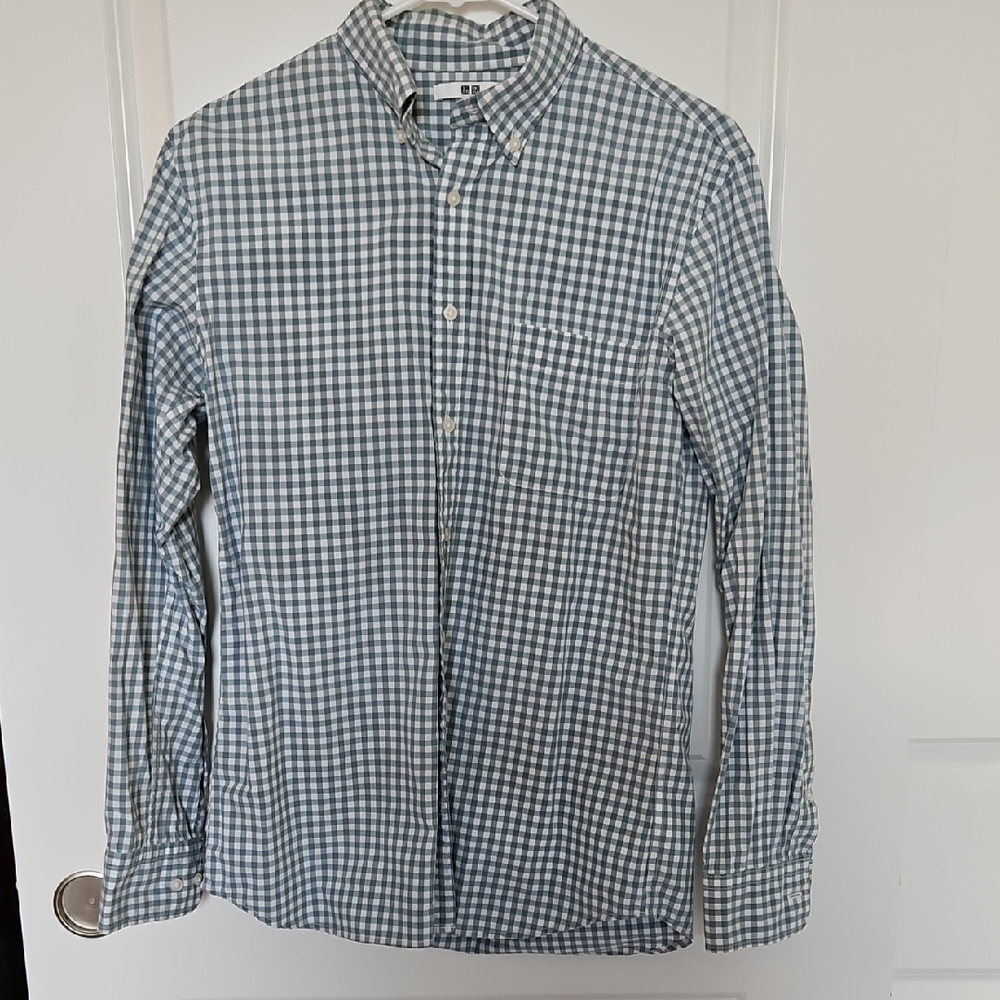 Uniqlo Men's XS Teal and White Gingham Shirt